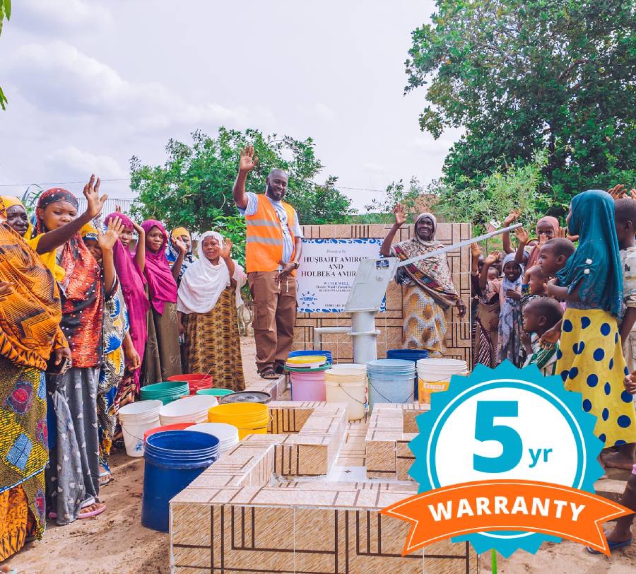 A completed Embrace Relief water well with its five-year warranty