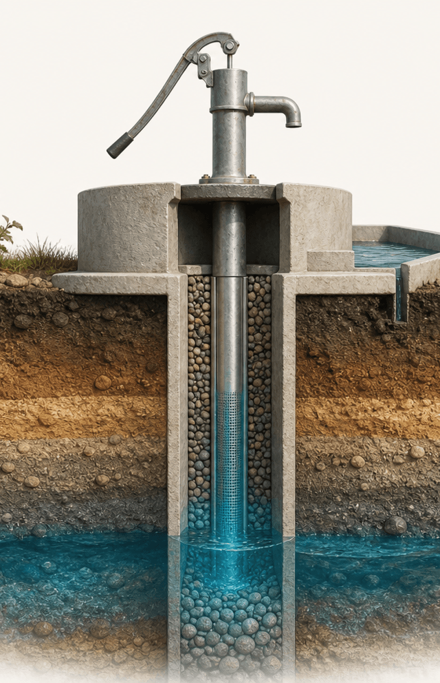 Cutaway view showing how a clean water well reaches underground water