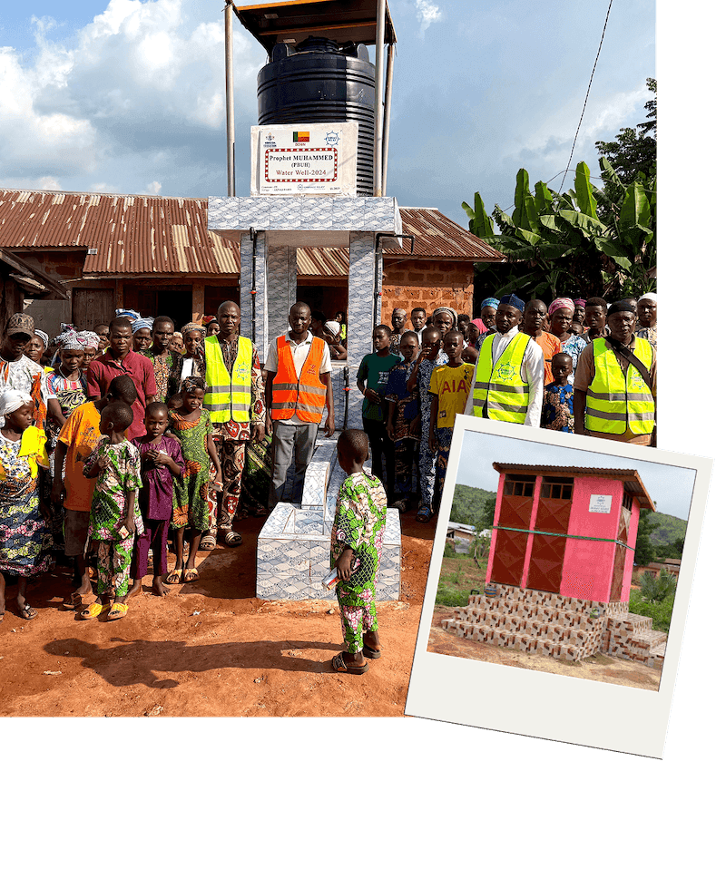 Students and community members at a Benin school water project