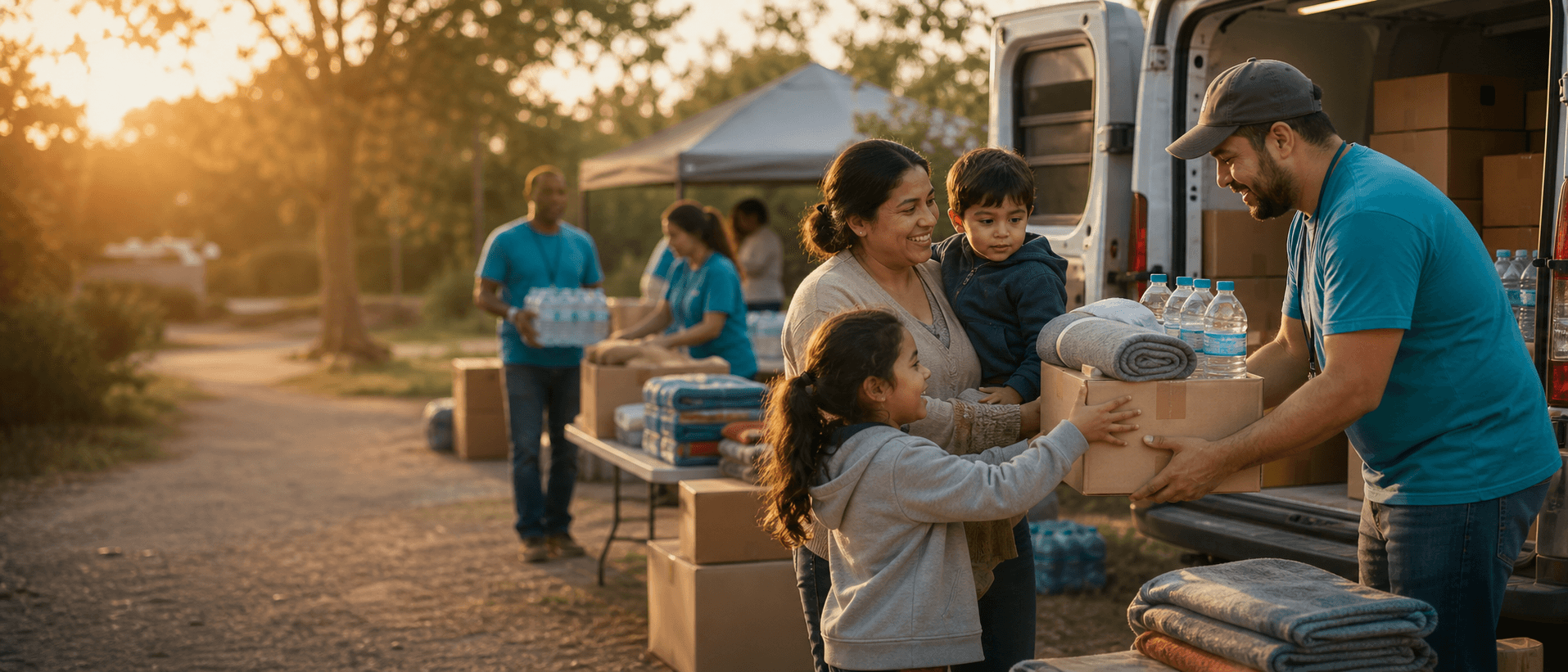 Volunteers loading emergency supplies for families