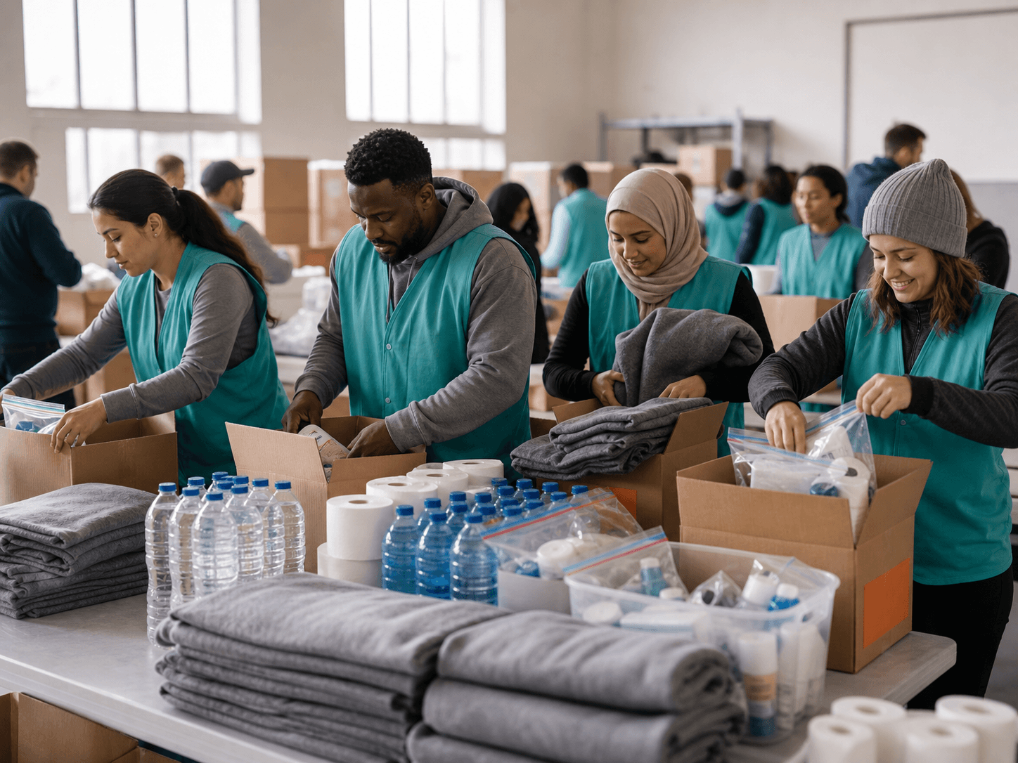 Volunteers packing emergency relief supplies