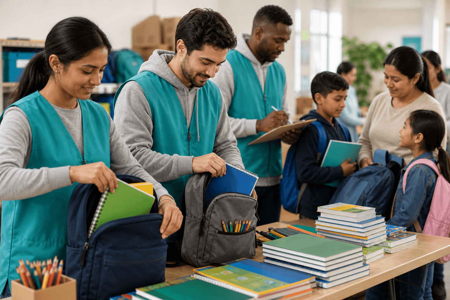 Volunteers preparing backpacks and school supplies for students