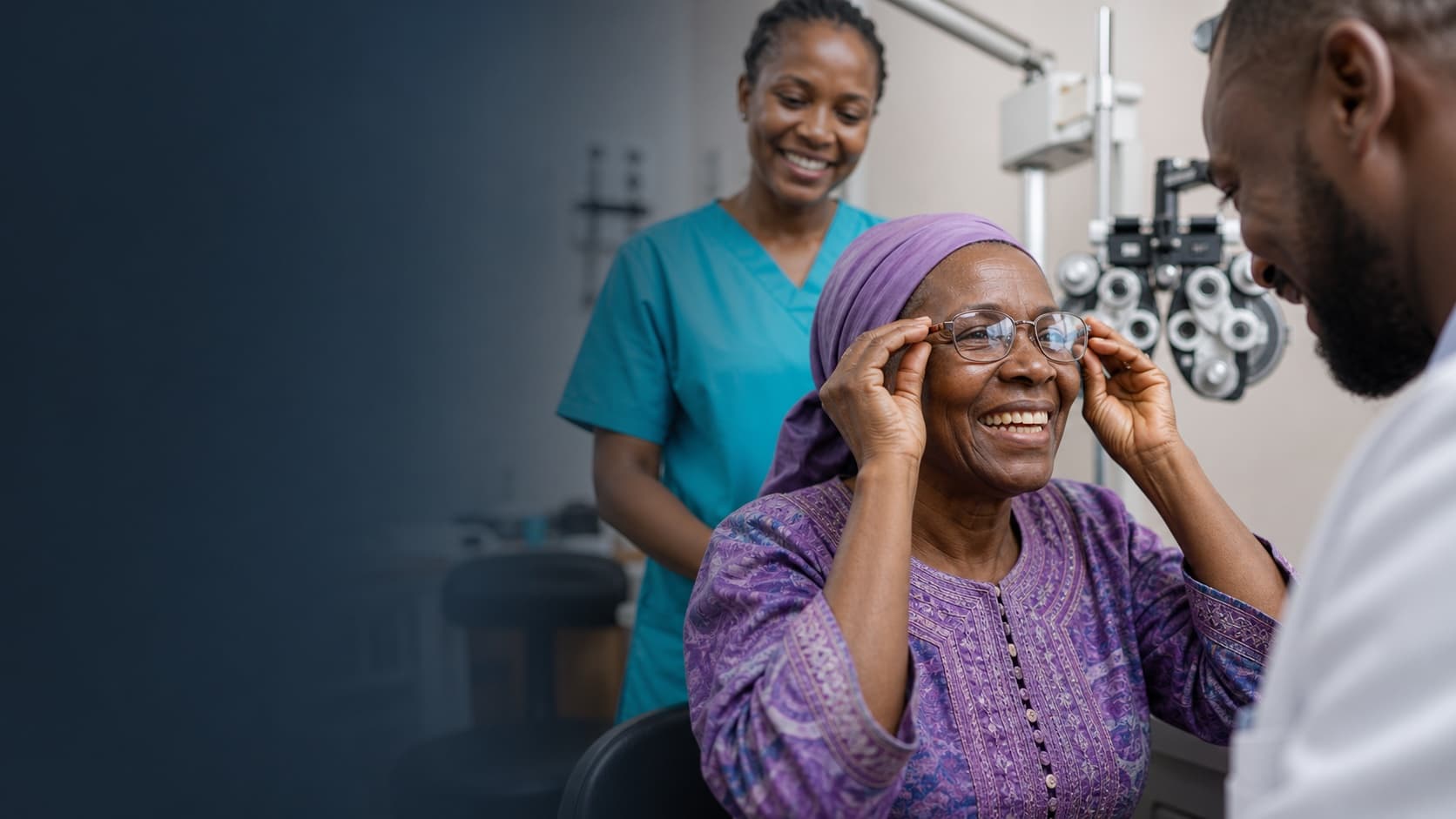 A patient receiving follow-up support after eye care in a mobile clinic