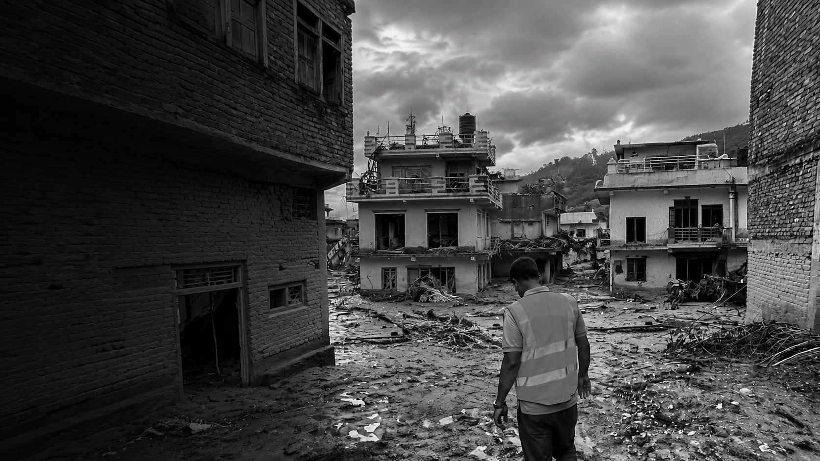 An Embrace Relief field worker surveying flood damage in Nepal