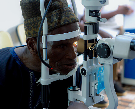 Patient receiving a vision examination in Mali