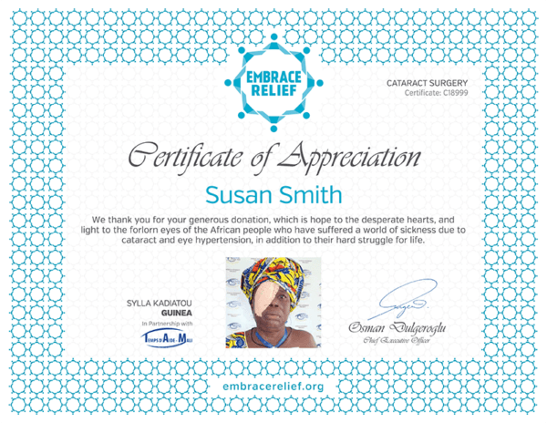 Embrace Relief - Cataract Surgery Certificate of Appreciation